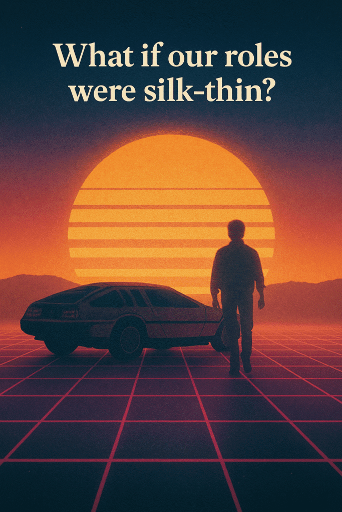 Silhouette of a person facing a glowing sun with the words ‘What if our roles were silk-thin?’ — symbolising the gentle dissolving of rigid identity roles, inspired by Michael J. Fox.