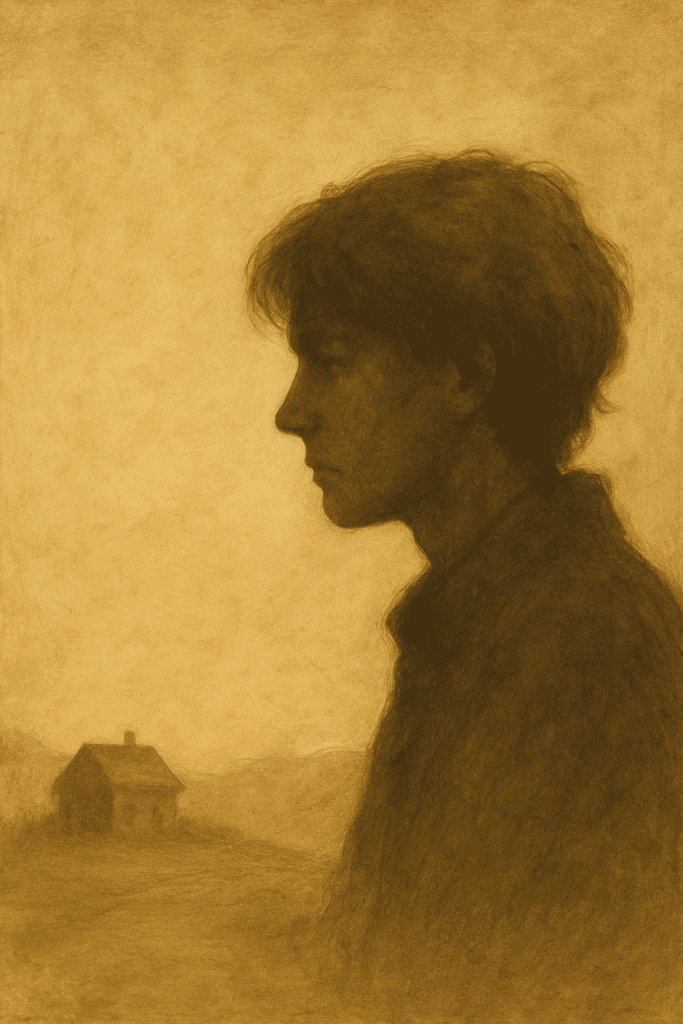 Sepia-toned profile of a young person gazing into the distance, with a solitary house in the background — evoking themes of solitude, separation, and emotional estrangement.