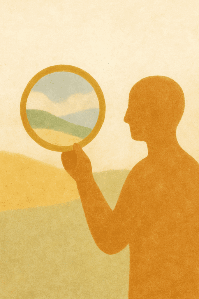 A person holds up a circular lens revealing a brighter landscape — symbolising a shift in perception and gentle reframing toward clarity and truth.