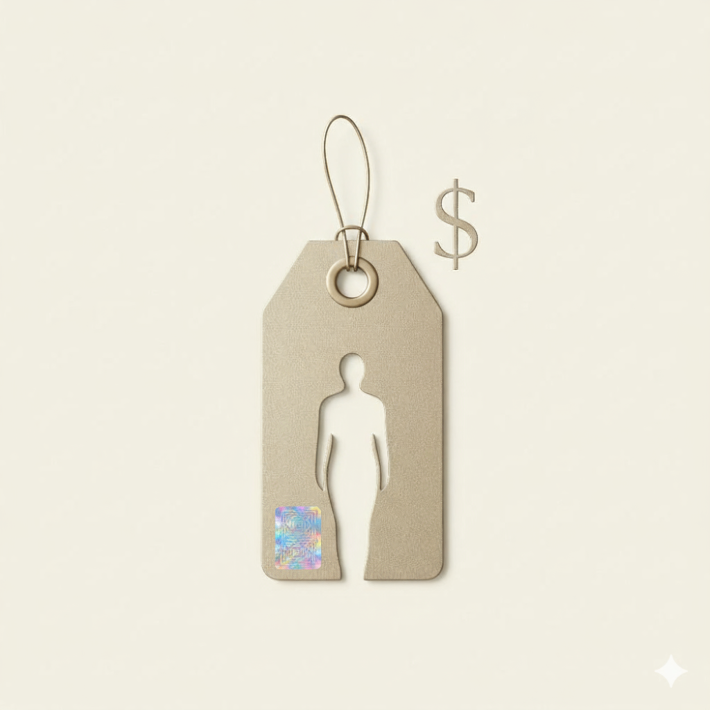 A beige price tag with a human silhouette cut out, dollar sign, and holographic sticker — symbolizing commodification of worth. Caption: “Certified human: hologram included.”