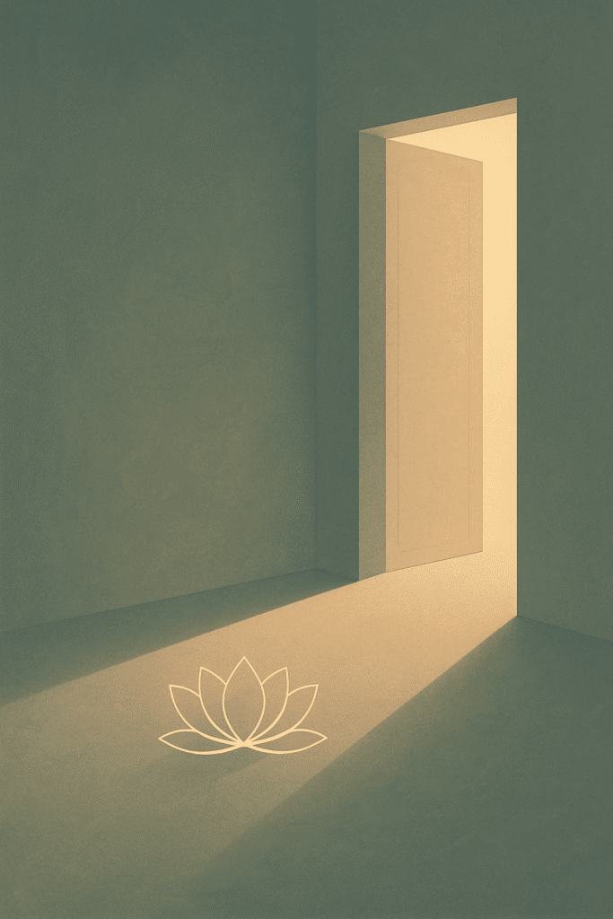Illustration of an open doorway with golden light illuminating a lotus flower on the floor, symbolising integrative therapy as a threshold space for healing, reflection, and transformation.
