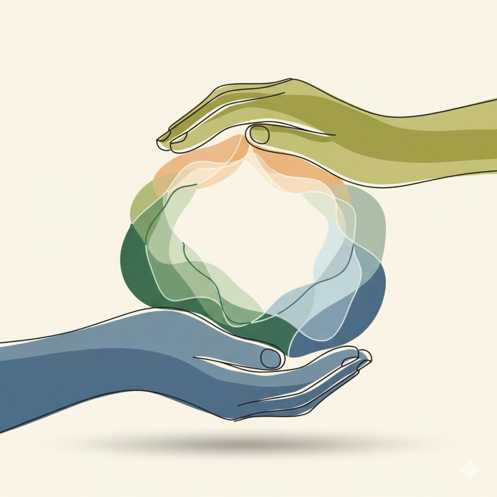 Illustration of two hands holding a flowing circular form, symbolising connection, care, and transformation. Represents psychotherapy values of relation, reflection, and truth.