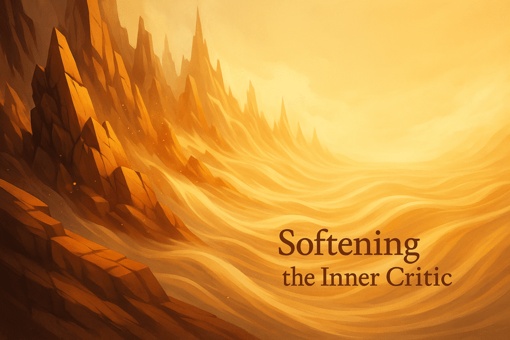 A golden, softly glowing landscape with steep cliffs and flowing sand-like waves, creating a warm, gentle atmosphere that reflects the theme of softening the inner critic.