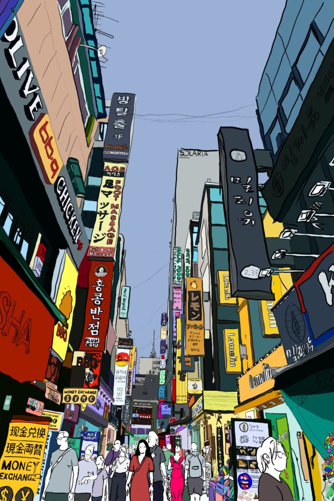 Illustrated urban street scene with crowds and signage, suggesting movement, choice, and the question of direction.